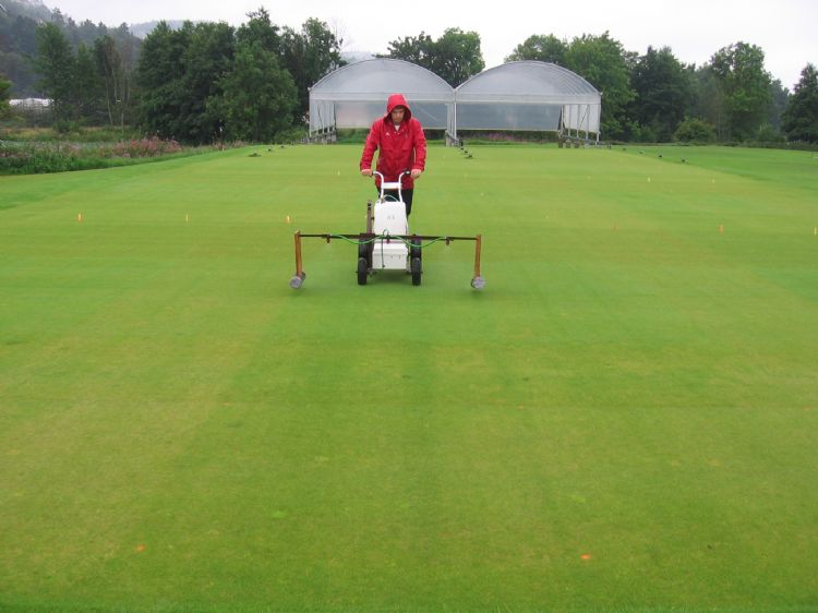  Bemesting met vloeibare meststof in experimenteel veld bij Landvik. Foto: Trygve S. Aamlid 